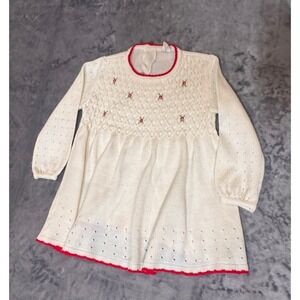 Vintage Toddletime JCPenney Girls 4T‎ Knit Smocked Dress White Red Trim